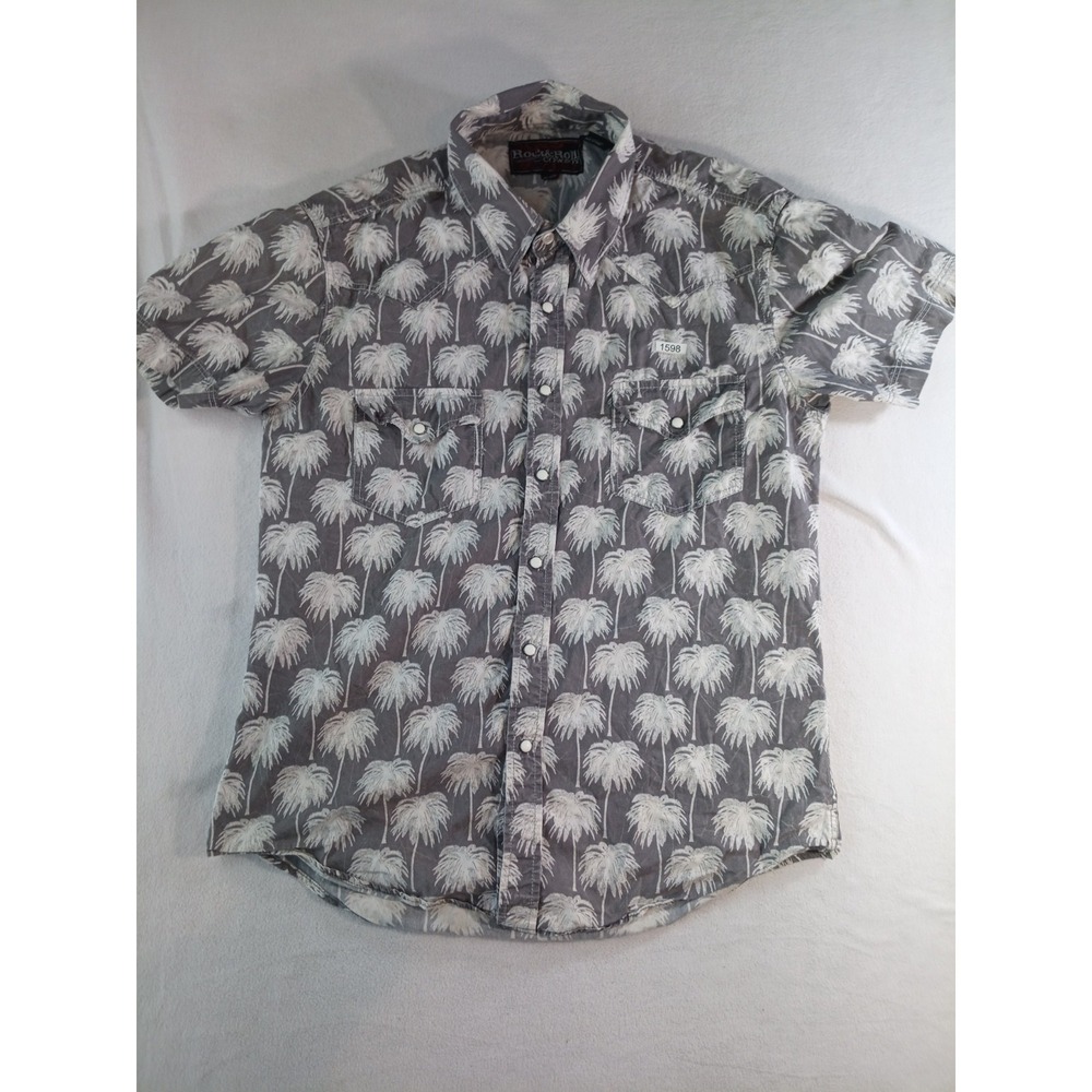 Rock & Roll Cowboy Western Shirt Mens Medium Snap Button Palm Tree Print Gray